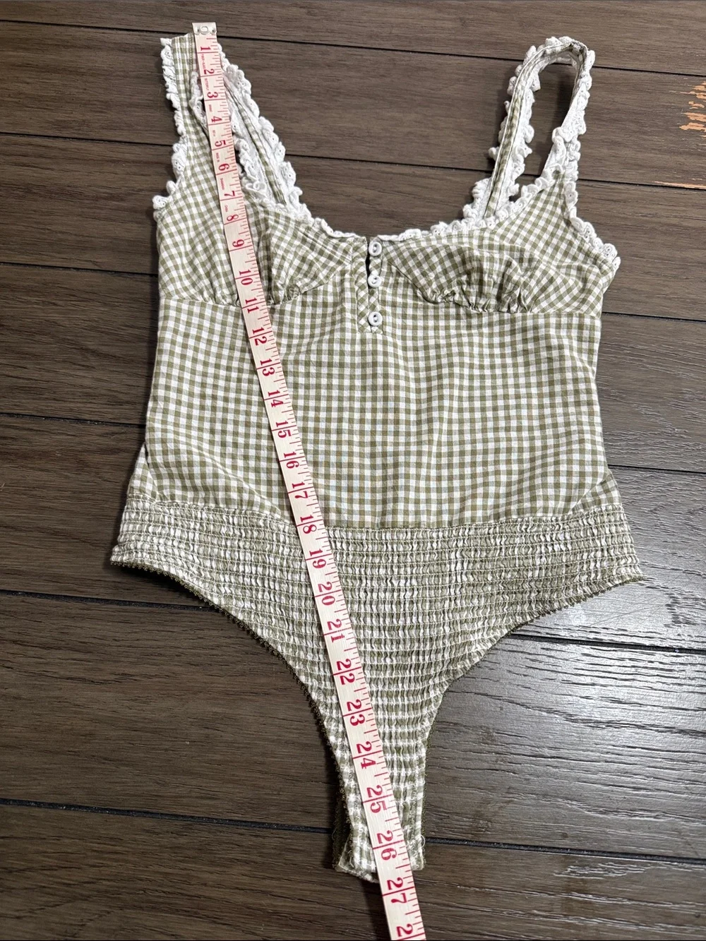 Intimately Free People Cassie Bodysuit Army Green Gingham Checked 100% Cotton XS